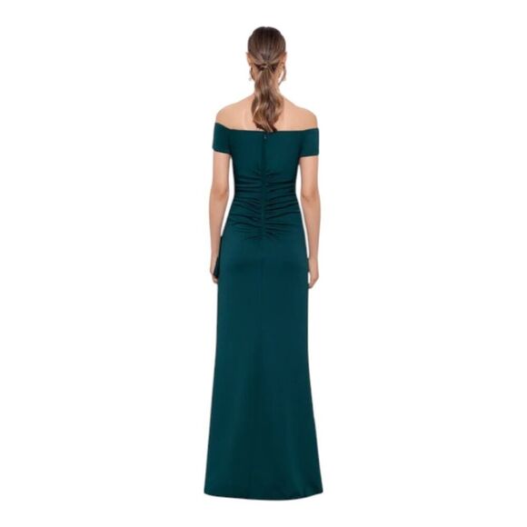 NEW XSCAPE Small* Hunter Green Long Gown Off Shoulder Ruched Ruffle USA Made - Picture 5 of 15